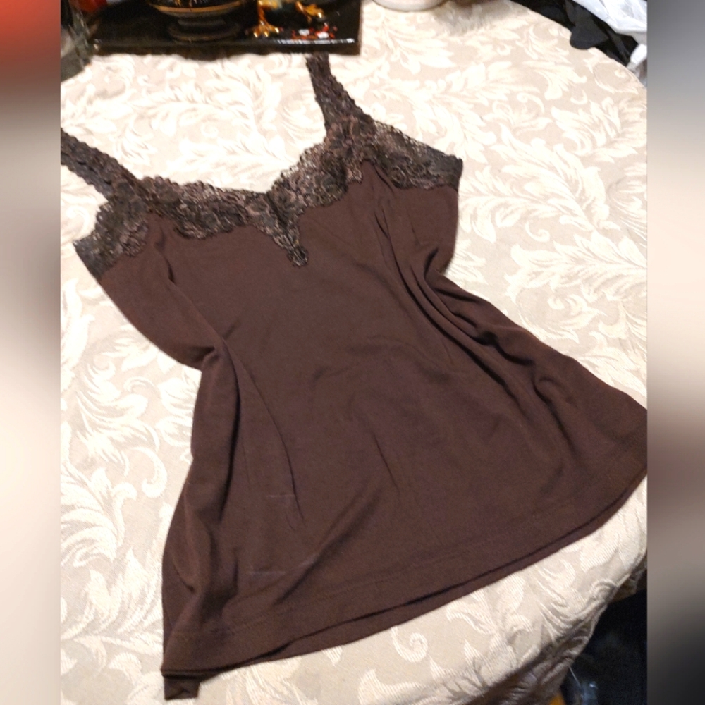 🔸🤎🔸Feminine Vintage Chocolate Brown Floral Lace Camisole Tank Top Blouse - M - Picture 8 of 16